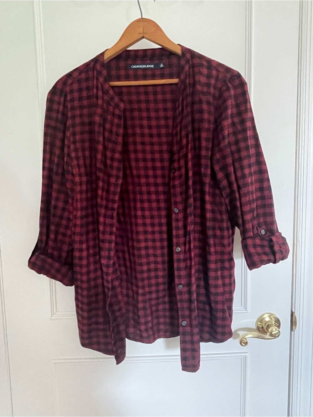 Calvin Klein Jeans Red And Black Plaid Button-Up Shirt, 100% Cotton, Size Large